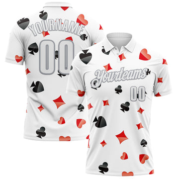 Custom White Gray 3D Gambling Poker Performance Polo Shirt