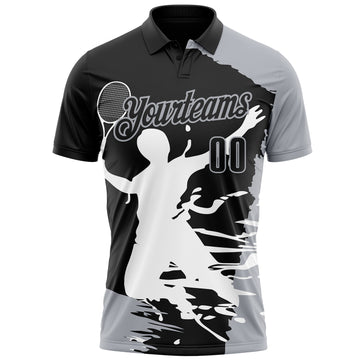 Custom Black Gray-White 3D Tennis Performance Polo Shirt