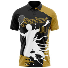 Laden Sie das Bild in den Galerie-Viewer, Custom Black Old Gold-White 3D Tennis Performance Polo Shirt
