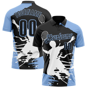 Custom Black Light Blue-White 3D Tennis Performance Polo Shirt