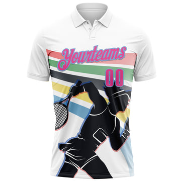 Custom White Pink-Light Blue 3D Tennis Performance Polo Shirt