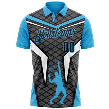 Custom Steel Gray Black-Sky Blue 3D Tennis Performance Polo Shirt