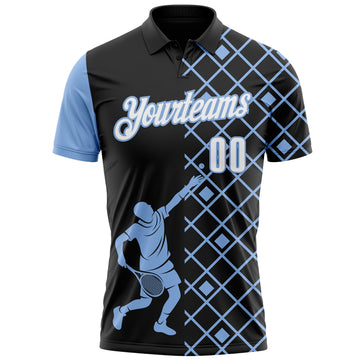 Custom Black White-Light Blue 3D Tennis Performance Polo Shirt