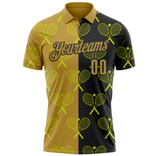 Laden Sie das Bild in den Galerie-Viewer, Custom Black Old Gold 3D Tennis Performance Polo Shirt
