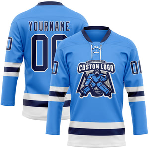 Custom Sky Blue Navy-White Hockey Lace Neck Jersey