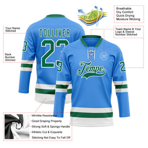 Custom Sky Blue Kelly Green-White Hockey Lace Neck Jersey