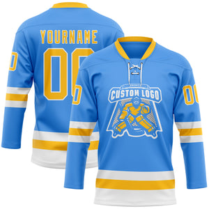 Custom Sky Blue Gold-White Hockey Lace Neck Jersey