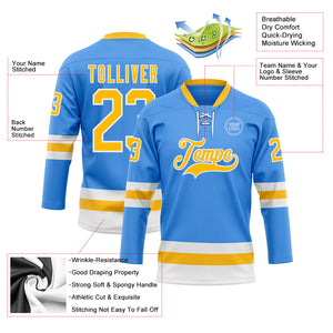 Custom Sky Blue Gold-White Hockey Lace Neck Jersey