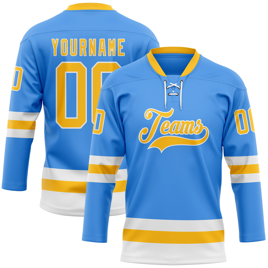 Custom Sky Blue Gold-White Hockey Lace Neck Jersey