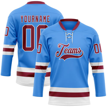 Custom Sky Blue Maroon-White Hockey Lace Neck Jersey