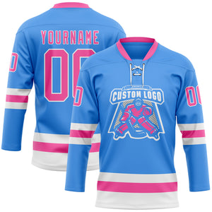 Custom Sky Blue Pink-White Hockey Lace Neck Jersey