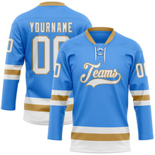 Загрузить изображение в средство просмотра галереи, Custom Sky Blue White-Old Gold Hockey Lace Neck Jersey
