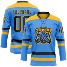 Загрузить изображение в средство просмотра галереи, Custom Sky Blue Black-Gold Hockey Lace Neck Jersey
