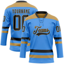 Загрузить изображение в средство просмотра галереи, Custom Sky Blue Black-Old Gold Hockey Lace Neck Jersey
