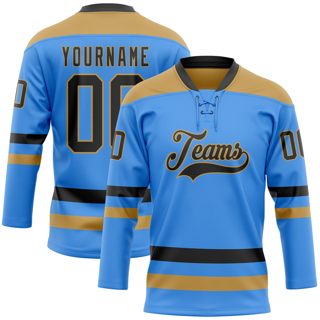 Custom Sky Blue Black-Old Gold Hockey Lace Neck Jersey