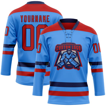 Custom Sky Blue Red-Navy Hockey Lace Neck Jersey