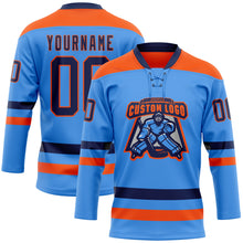 Загрузить изображение в средство просмотра галереи, Custom Sky Blue Navy-Orange Hockey Lace Neck Jersey
