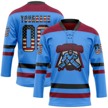 Загрузить изображение в средство просмотра галереи, Custom Sky Blue Vintage USA Flag Black-Maroon Hockey Lace Neck Jersey
