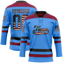 Загрузить изображение в средство просмотра галереи, Custom Sky Blue Vintage USA Flag Black-Maroon Hockey Lace Neck Jersey
