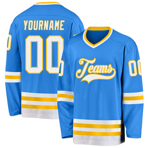 Custom Powder Blue White-Gold Hockey Jersey