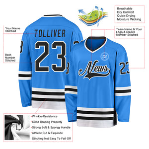 Custom Powder Blue Black-White Hockey Jersey