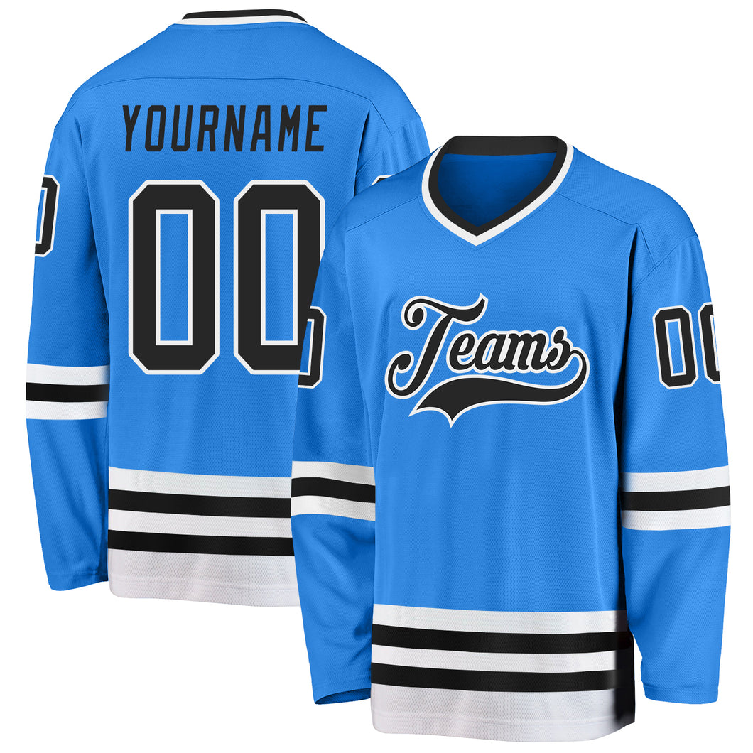 Custom Powder Blue Black-White Hockey Jersey