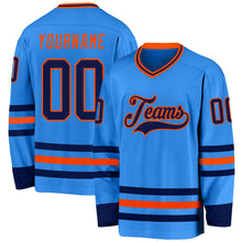 Load image into Gallery viewer, Custom Powder Blue Navy-Orange Hockey Jersey
