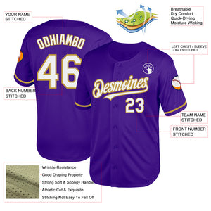 Custom Purple White-Old Gold Mesh Authentic Throwback Baseball Jersey