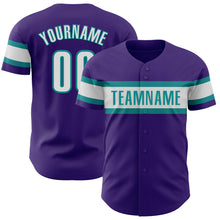 Load image into Gallery viewer, Custom Purple White-Teal Authentic Baseball Jersey
