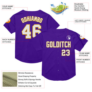 Custom Purple White-Gold Mesh Authentic Throwback Baseball Jersey