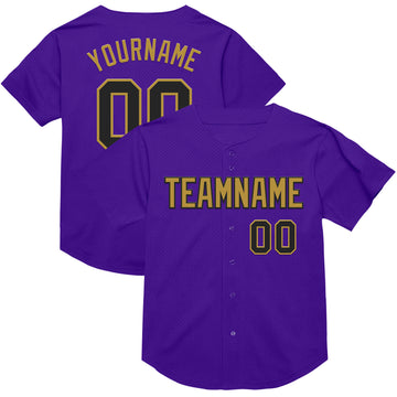 Custom Purple Black-Old Gold Mesh Authentic Throwback Baseball Jersey