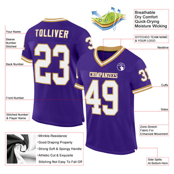 Custom Purple White-Old Gold Mesh Authentic Throwback Football Jersey