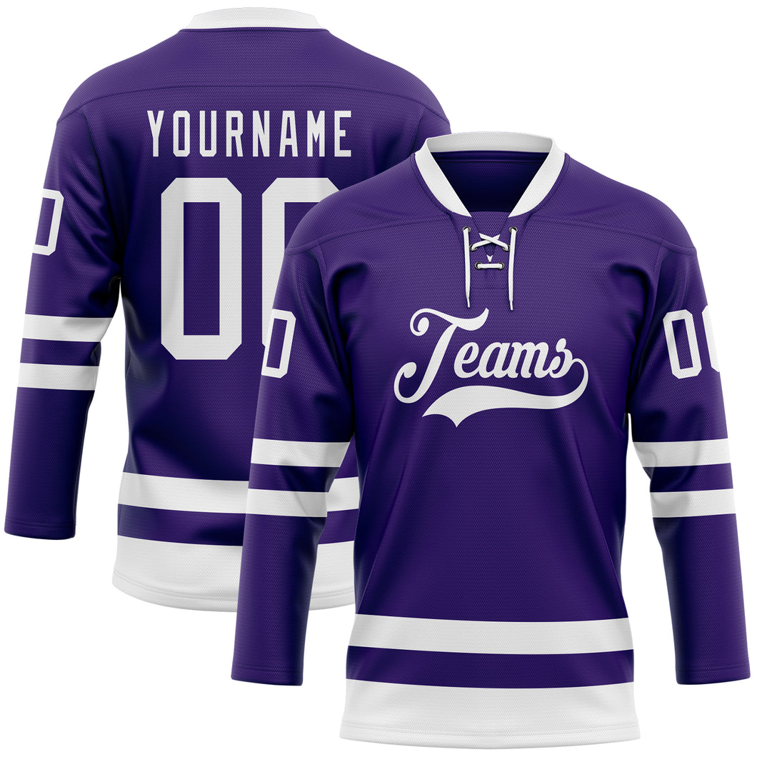 Custom Purple White Hockey Lace Neck Jersey