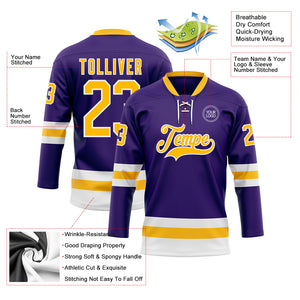 Custom Purple Gold-White Hockey Lace Neck Jersey