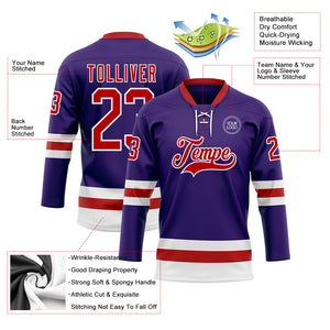 Custom Purple Red-White Hockey Lace Neck Jersey