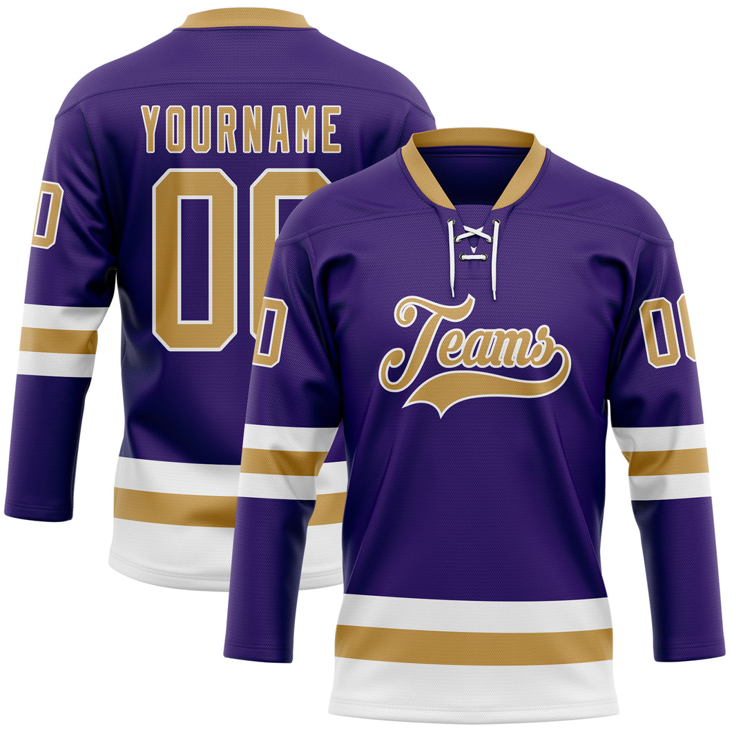 Custom Purple Old Gold-White Hockey Lace Neck Jersey