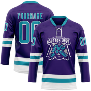 Custom Purple Teal-White Hockey Lace Neck Jersey