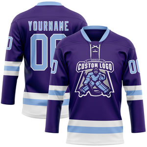 Custom Purple Light Blue-White Hockey Lace Neck Jersey