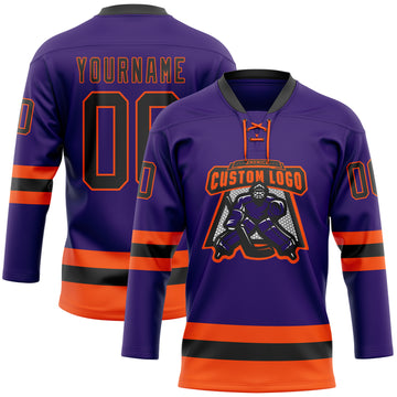 Custom Purple Black-Orange Hockey Lace Neck Jersey