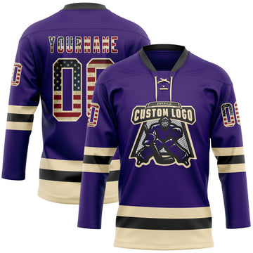 Custom Purple Vintage USA Flag Cream-Black Hockey Lace Neck Jersey