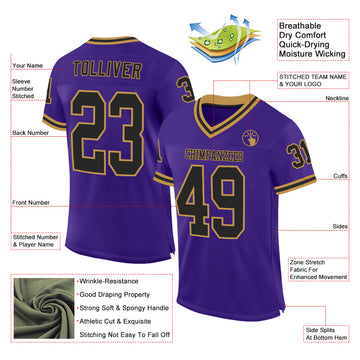 Custom Purple Black-Old Gold Mesh Authentic Throwback Football Jersey