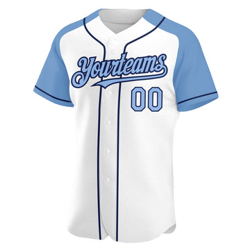 Custom White Light Blue-Navy Authentic Raglan Sleeves Baseball Jersey