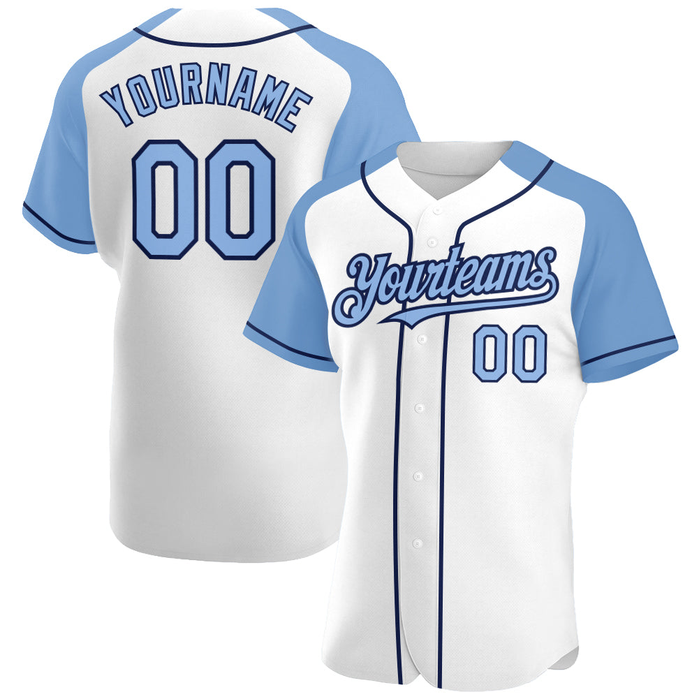 Custom White Light Blue-Navy Authentic Raglan Sleeves Baseball Jersey