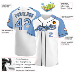 Custom White Light Blue-Black Authentic Raglan Sleeves Baseball Jersey