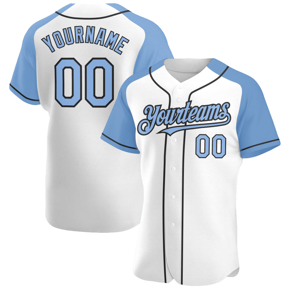 Custom White Light Blue Pinstripe Navy-Light Blue Authentic Raglan Sleeves  Baseball Jersey