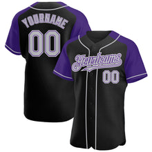 Загрузить изображение в средство просмотра галереи, Custom Black Gray-Purple Authentic Raglan Sleeves Baseball Jersey
