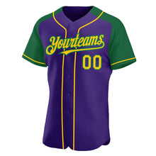 Загрузить изображение в средство просмотра галереи, Custom Purple Yellow-Kelly Green Authentic Raglan Sleeves Baseball Jersey
