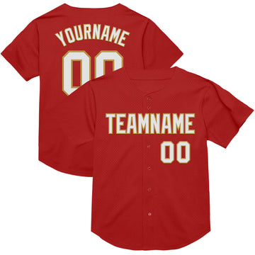 Custom Red White-Old Gold Mesh Authentic Throwback Baseball Jersey