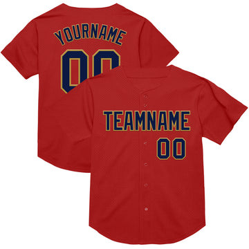 Custom Red Navy-Old Gold Mesh Authentic Throwback Baseball Jersey