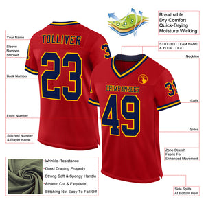 Custom Red Navy-Gold Mesh Authentic Throwback Football Jersey